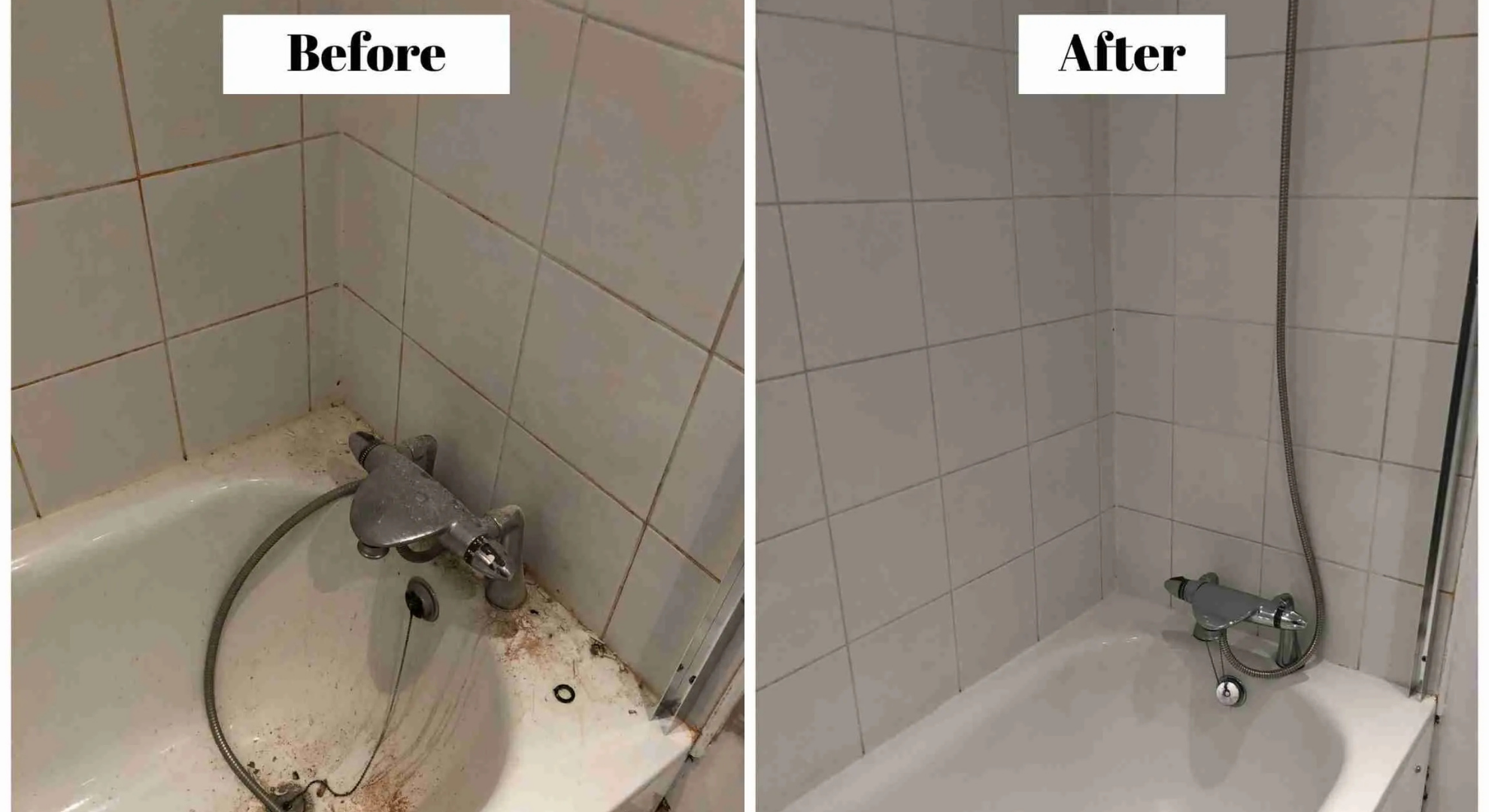 Cleaner Dallas bathtub and tile cleaning before and after showing removal of grime and stains.