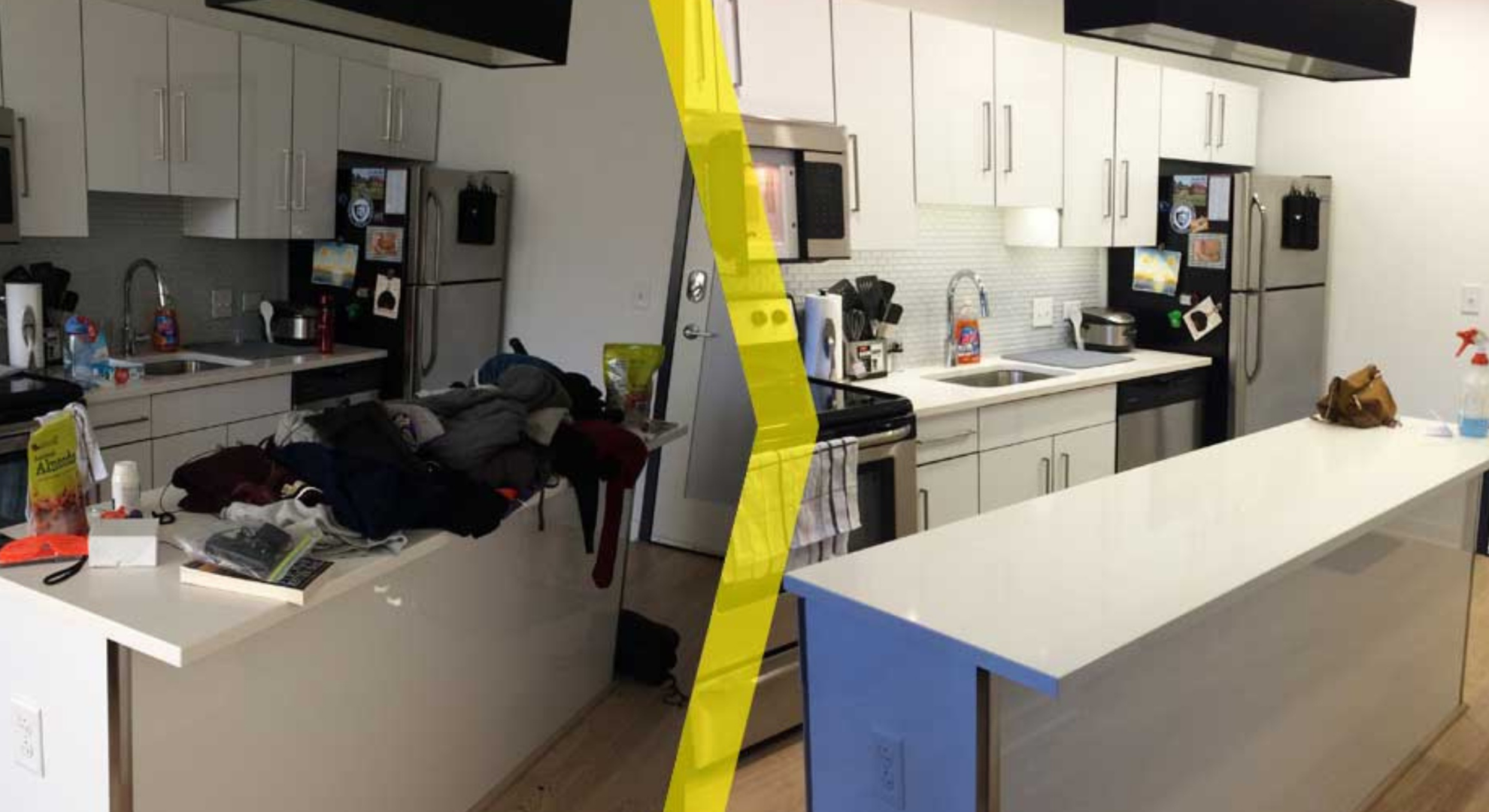 Cleaner Dallas kitchen cleaning before and after showing transformation from cluttered to spotless surfaces