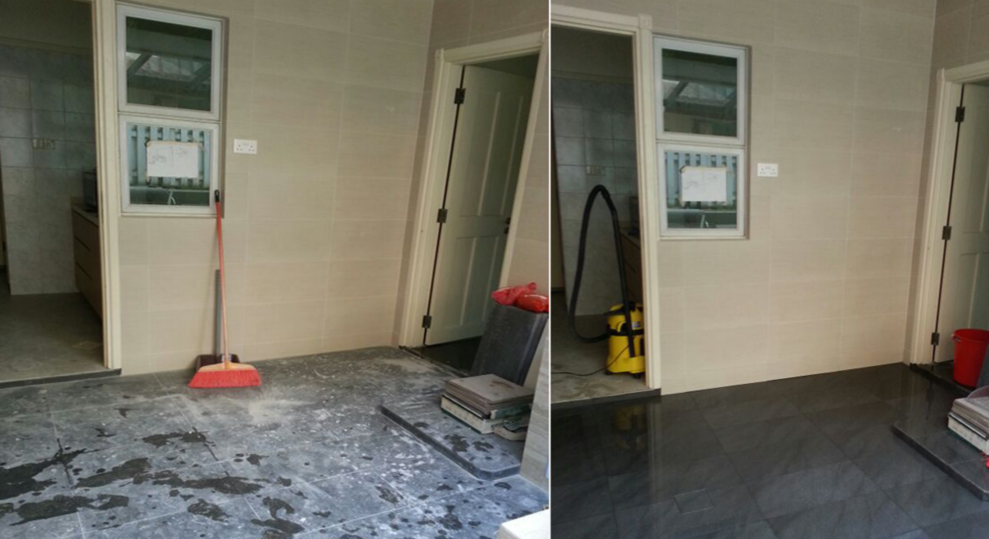 Cleaner Dallas post-construction cleaning before and after showing spotless restored flooring