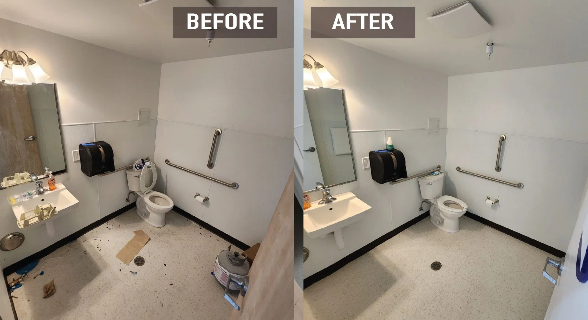 Cleaner Dallas restroom cleaning before and after showing transformation from dirty to fully sanitized bathroom.