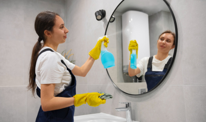 Cleaner Dallas professional cleaner spraying and wiping bathroom mirror for streak-free shine