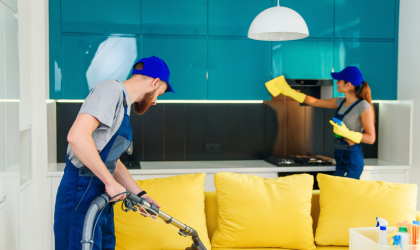 Professional deep cleaning service in Dallas vacuuming and sanitizing modern kitchen