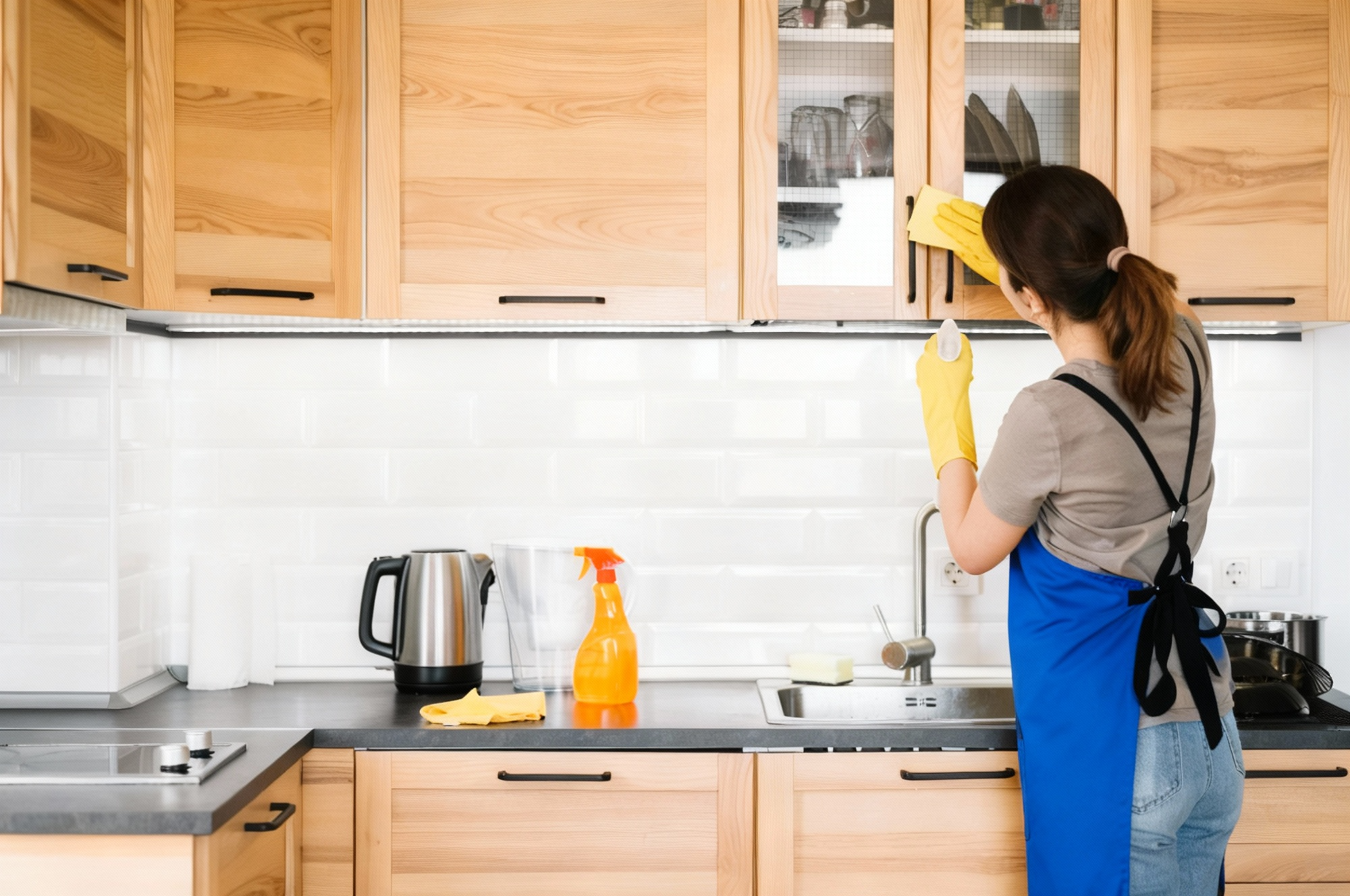 Professional Cleaner Dallas staff cleaning kitchen cabinets during deep kitchen cleaning service.