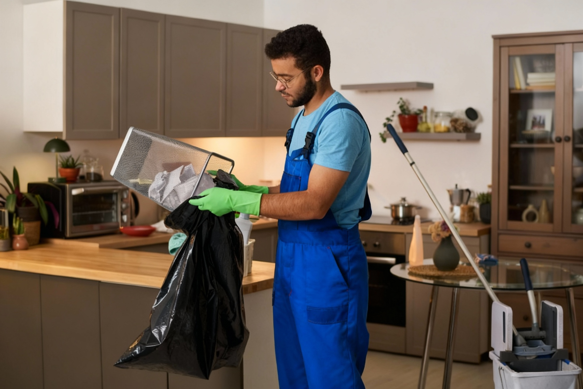 Professional cleaner removing trash during move-in move-out cleaning service in Dallas home