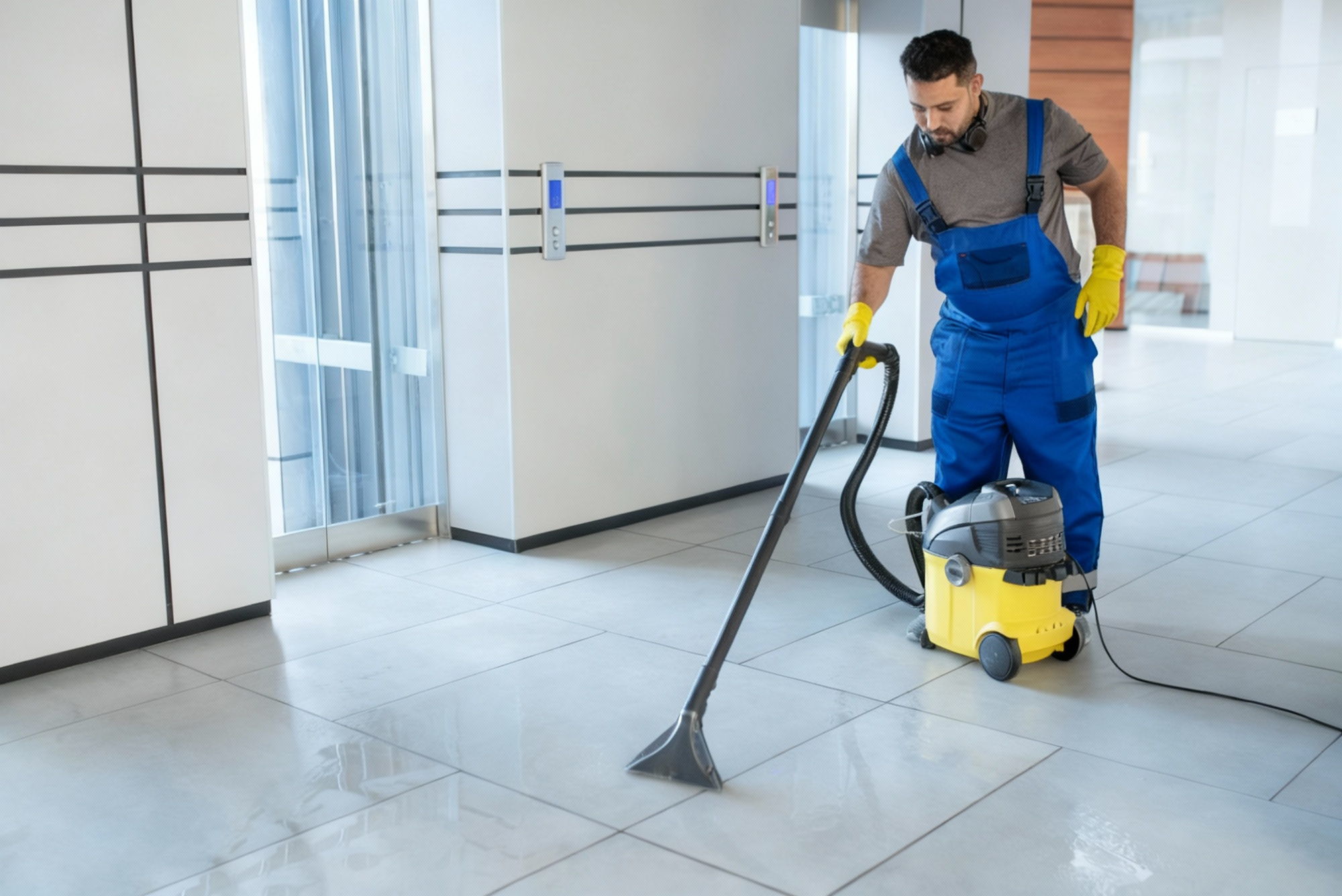 Dallas post-construction cleaning professional vacuuming commercial floor with industrial equipment